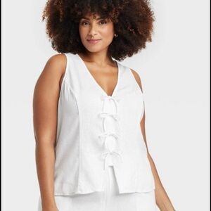 White Sleeveless Linen Blend Top with Bow Tie Details